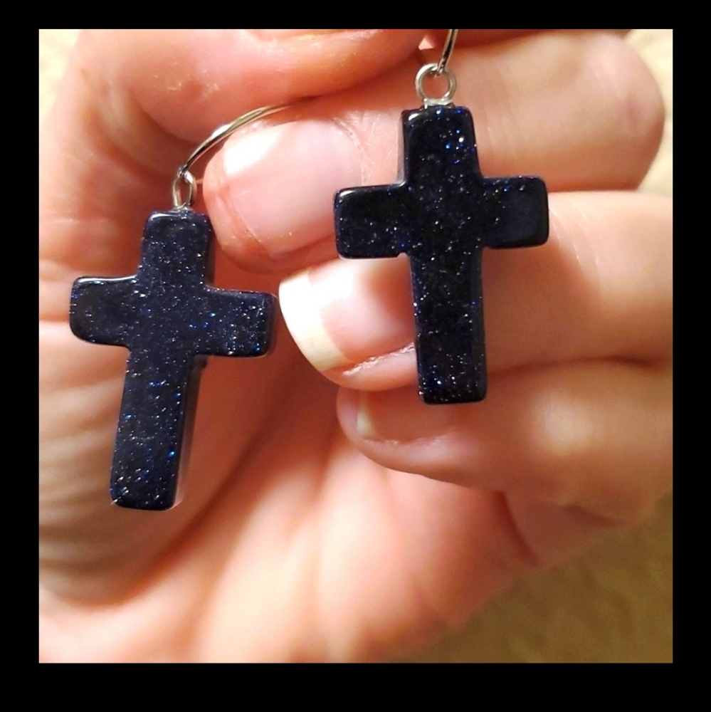 New Carved Cross Blue Sun Stone Sun Sitara Earrings.
